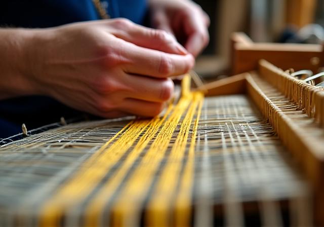 Mani che lavorano al telaio moderno