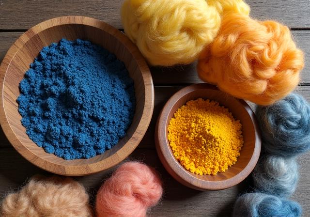 Bacili con pigmenti naturali e lane colorate